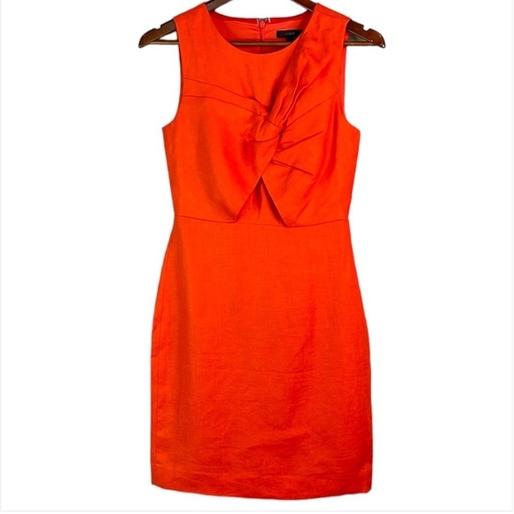 J. CREW Drape Knot Linen Hibiscus Orange Dress Sleeveless Lined Midi Sheath 0 - Picture 2 of 13